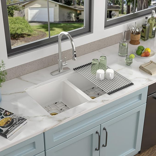 33"x19" Granite Composite Kitchen Sink Double Bowl – White Undermount Double Bowl 50/50 Quartz Classic Composite Under Counter Sink Basin