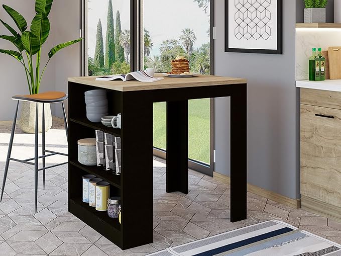 Modern Dining Table Kitchen Island with Three Side Shelves Sturdy Stable Easy Clean Adjustable Counter Console Living Room Luxury Decor,Black