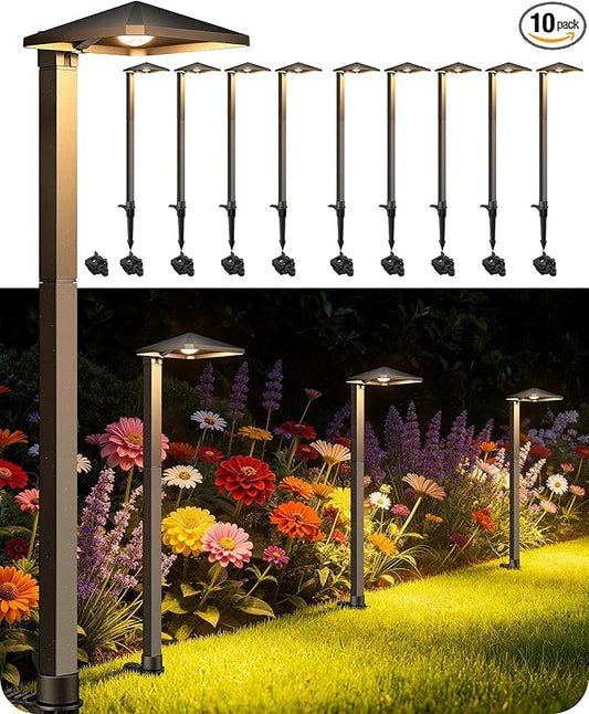 EDISHINE Low Voltage Landscape Lighting, Landscape Path Lights with Pyramid Exterior, Aluminum, 3000K & 50000Hrs, Outdoor Pathway Lights Wired for Garden, Yard, Driveway, 10 Pack