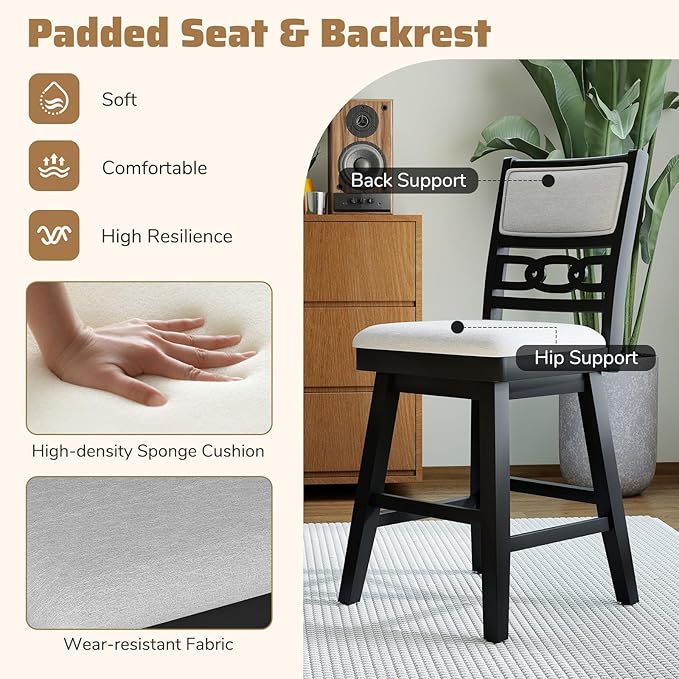 Giantex 25" Bar Stools Set of 2, Modern Counter Height Tall Chairs w/Padded & Hollowed Backs, Rubber Wood Frame, 360° Swivel Upholstered Barstools for Kitchen Island, Pub, Cafe