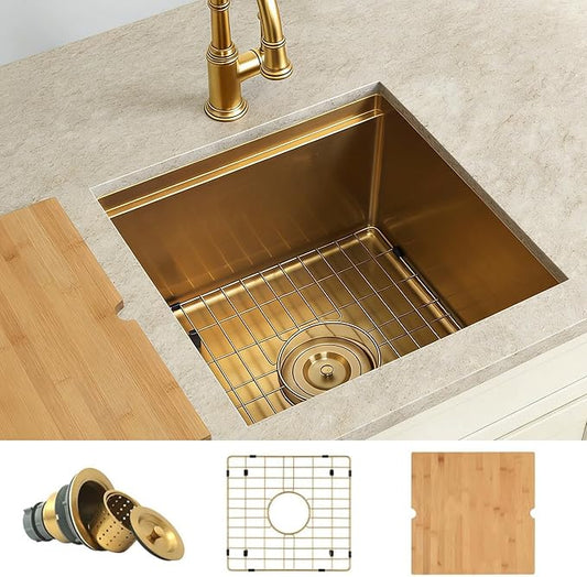Gold Bar Sink Undermount,Small Bar & Prep Sinks,16 gauge Stainless Steel Bar Sink with Workstation for Wet Bar Area (18" X 18")