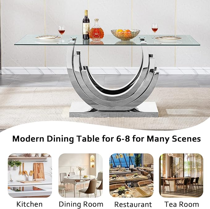 70" Glass Dining Table for 6-8, Modern Dining Room Table with 0.39" Tempered Glass Top and Three U-Shaped Silver Stainless Steel Base, Rectangle Kitchen Dinner Table for Dining Room