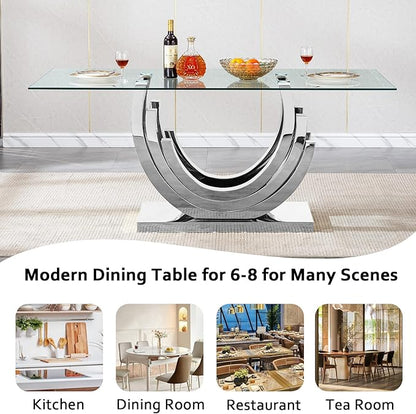 70" Glass Dining Table for 6-8, Modern Dining Room Table with 0.39" Tempered Glass Top and Three U-Shaped Silver Stainless Steel Base, Rectangle Kitchen Dinner Table for Dining Room