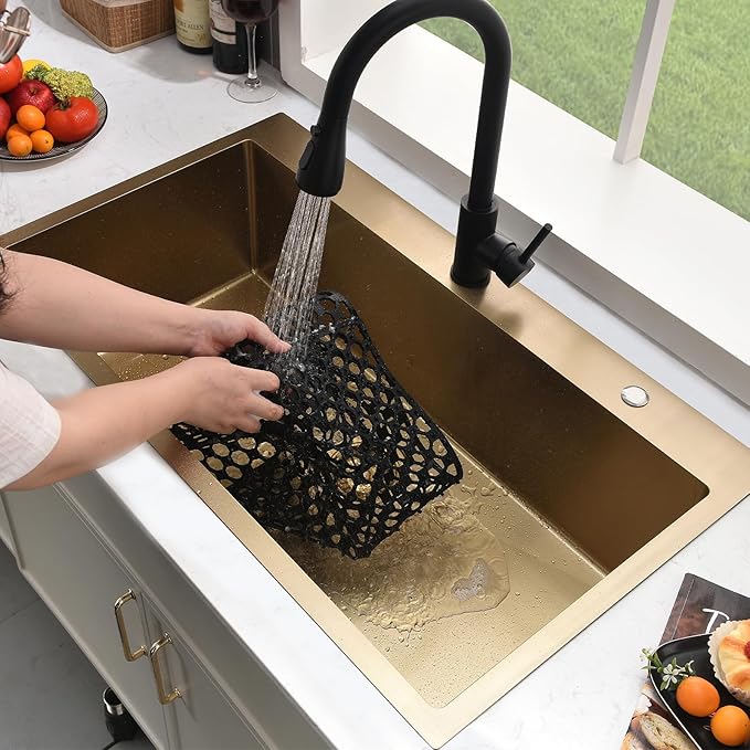 33 Inch Gold Drop In Kitchen Sink with Faucet Combo-Brovy 33x19 Drop-In Top Mount Kitchen Sink Brushed Gold 18 Gauge Deep Single Bowl Kitchen Sink with Mat&Drainer