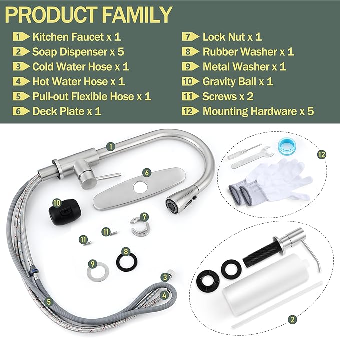 Herogo Brushed Nickel Kitchen Sink Faucet Set with Pull Down Sprayer and Soap Dispenser, Stainless Steel Rv Outdoor Kitchen Faucet for 1-3 Hole with Pop Up Drain, Deck Plate and Supply