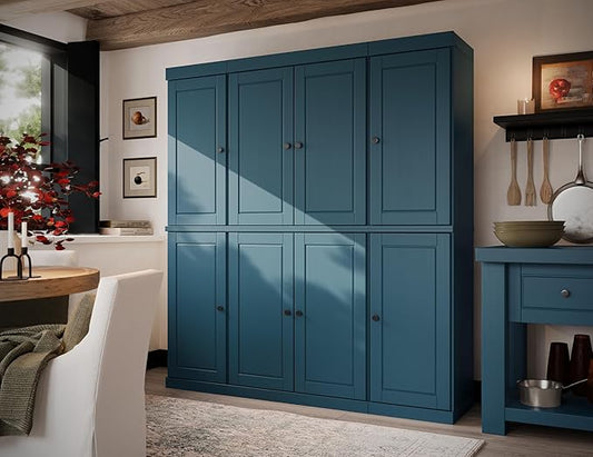 Palace Imports Solid Wood Pantry Cabinet - 71.5" Tall x 65" Wide Freestanding Storage Cabinet w/ 8 Doors & Adjustable Shelves for Kitchen – Teal Blue, Renewable Eco-Friendly 100% Wood, Made in Brazil