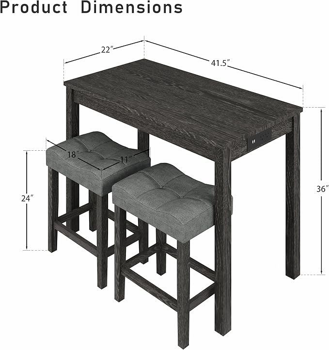 allamazing 3-Piece Counter Height Bar Table Set with Socket and 2 Fabric Padded Bar Stools, Tall Kitchen Breakfast Dining Table Set with Stools (1+2 Black)