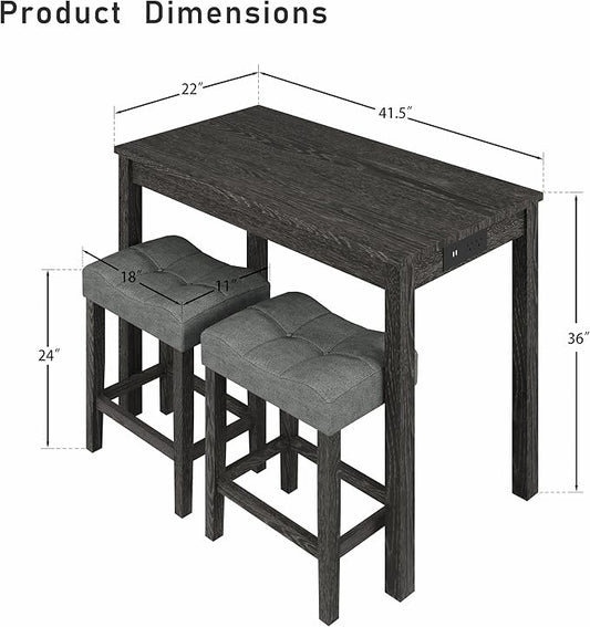allamazing 3-Piece Counter Height Bar Table Set with Socket and 2 Fabric Padded Bar Stools, Tall Kitchen Breakfast Dining Table Set with Stools (1+2 Black)