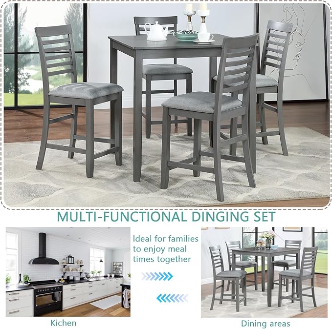 5-Piece Counter Height Dining Table Set for 4, Solid Wood Square Kitchen Table with 4 Upholstered Ladder-Back Chairs, Modern Gray Dining Set for Kitchen and Dining Room