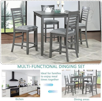 5-Piece Counter Height Dining Table Set for 4, Solid Wood Square Kitchen Table with 4 Upholstered Ladder-Back Chairs, Modern Gray Dining Set for Kitchen and Dining Room