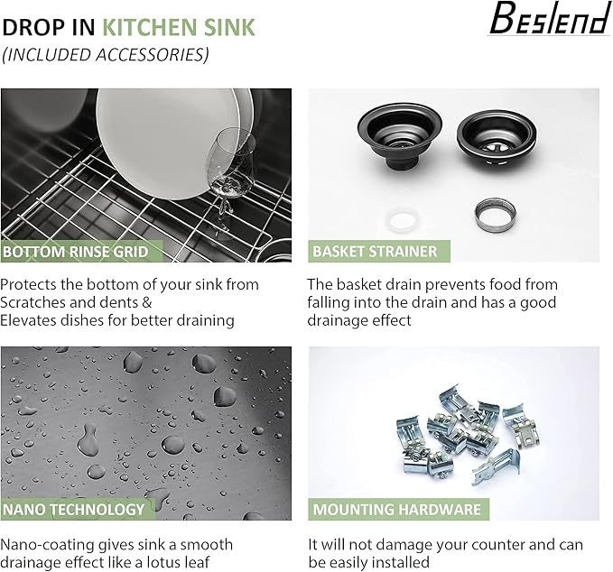 28 Drop In Black Kitchen Sink - Beslend 28x22 Drop In Black Sink 16 Gauge Stainless Steel Gunmetal Black Kitchen Sinks Topmount Deep Single Bowl Dish Basin 28"x22"x10"