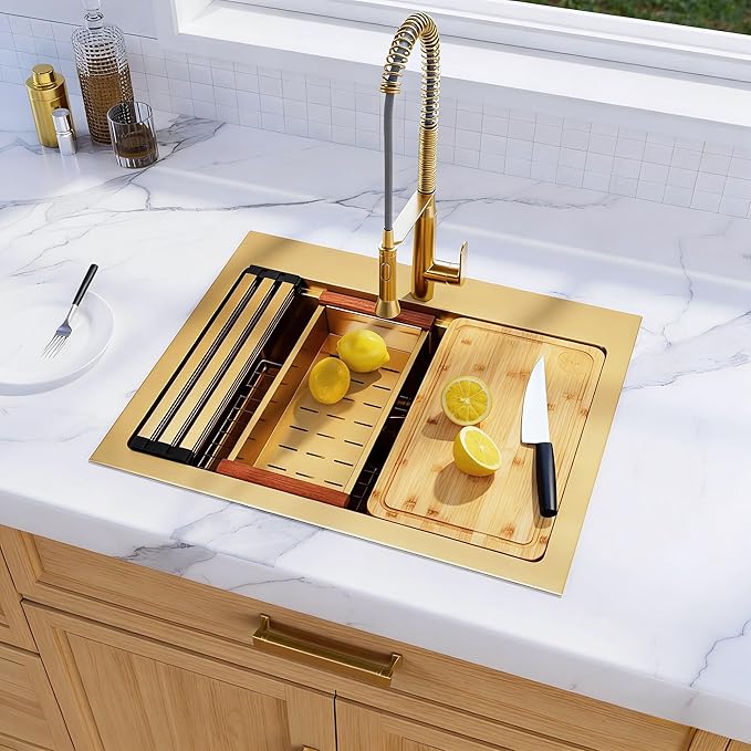 Gold Drop In Kitchen Sink, 28 Inch 16 Gauge Stainless Steel Gold Sink, Topmount Workstation Sink, Single Bowl Kitchen Sink With Full Accessories, 28"x22"x9" Drop In Sink