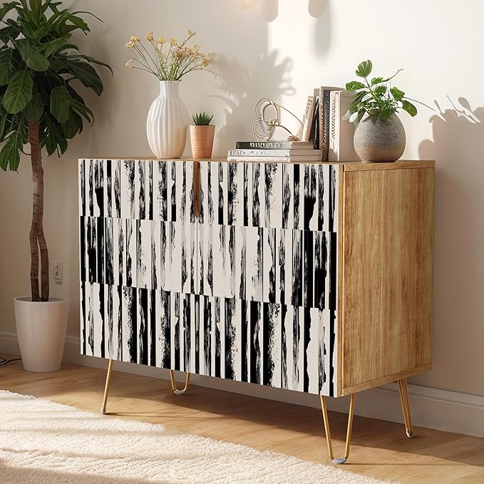 SIGNWIN Sideboard Buffet Cabinet, Kitchen Storage Cabinet with 2 Doors, Black & Gray Grunge Line Patterns, Cupboard Console Table for Dining Room - 35" L x 18" W x 29" H