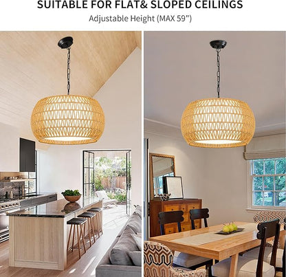 Farmhouse Chandelier Light Fixture,Rattan Boho Chandeliers for Dining Room,Large Pendant Lights Kitchen Island Hanging Light Fixtures Wicker Chandeliers for Bedroom Living Room Kitchen Nursery