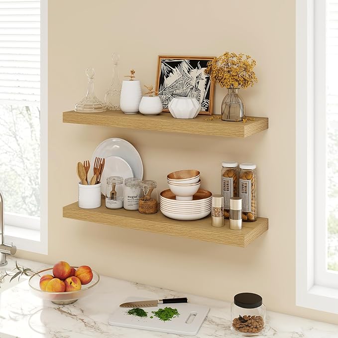 Acovy 30 Inch Floating Shelves, 9.3" Deep Floating Shelf Wall Mounted, 30" Wall Shelves, Rustic Deep Bookshelf, Large Display Shelves & Storage Shelves for Bedroom, Living Room, Oak, Set of 2