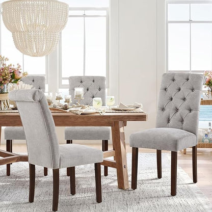 COLAMY Button Tufted Dining Chairs Set of 2, Parsons Upholstered Fabric Dining Room Chairs Kitchen Chairs with Wood Legs and Padded Seat, Light Grey