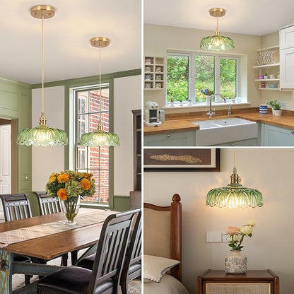 Pendant Lights Kitchen Island,Green Glass Pendant Light Vintage Light Fixtures,9.4inch E26 Finish Ceiling Hanging Lamp for Bedroom Living Room Hallway