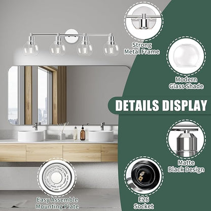 Espird 4 Lights Bathroom Vanity Light Fixtures Chrome, Bathroom Lights Over Mirror, Industrial and Farmhouse 4 Lights Wall Sconce, Polished Chrome Globe Vanity Lighting Fixtures