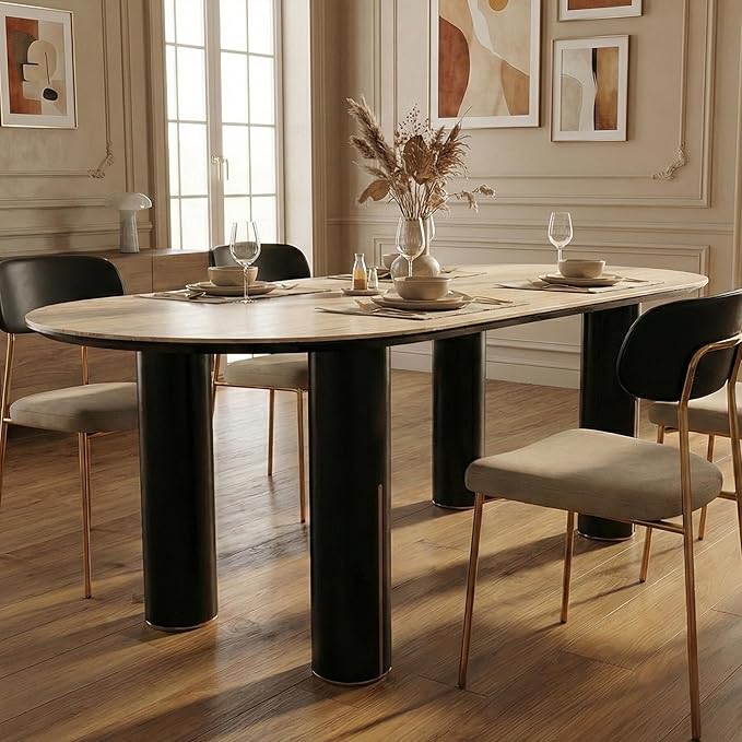 71'' Modern Dining Table for 4-6, Luxury Oval Sintered Stone Kitchen Table with Solid Wood Legs, Mid-Century Farmhouse Dining Room Table for Living Room