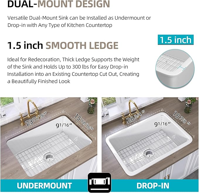 TUKTUK White Undermount Kitchen Sink 27 Inch Fireclay Drop-in Deep & Modern Farm Sink Large Single Bowl Topmount Accessory Kit Included
