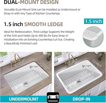 TUKTUK White Undermount Kitchen Sink 27 Inch Fireclay Drop-in Deep & Modern Farm Sink Large Single Bowl Topmount Accessory Kit Included