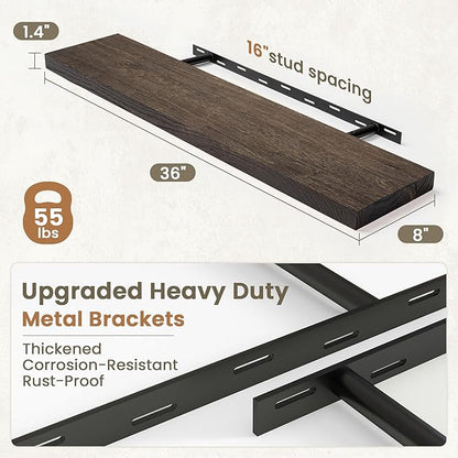 Fun Memories Solid Elm Wood Floating Shelves Set of 2-36 Inch Rustic Wall Shelves with Heavy-Duty Invisible Brackets - for Living Room, Kitchen, Bedroom, Bathroom - Walnut Finish