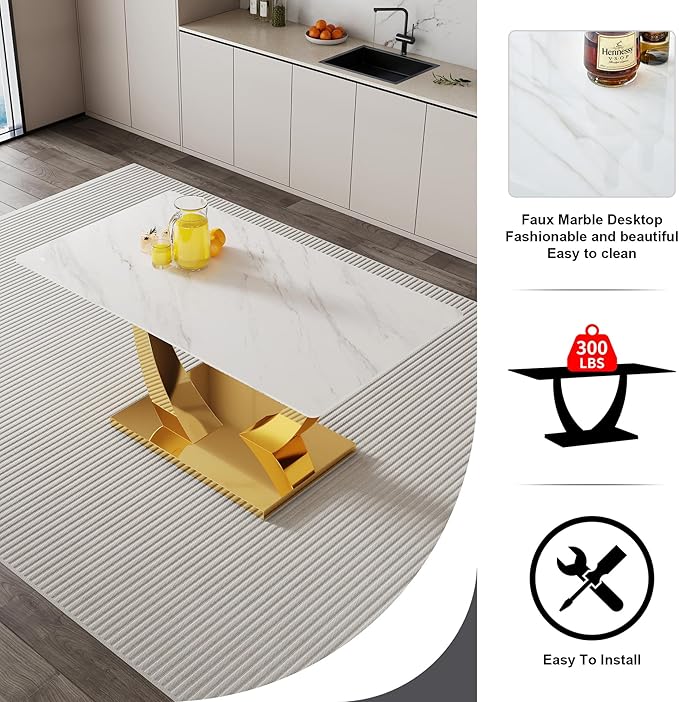 AZmac 63'' White Dining Table, Faux Marble Dining Room Table for 4-6, Tempered Glass Dinner Table with Gold U Shaped Legs for Kitchen Dining Room