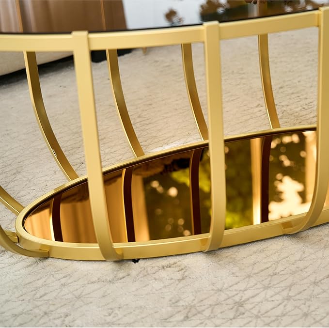 Saint Mossi Glass Oavl Coffee Table for Living Room, Mid Century Modern 2-Tier Gold Center Table, Brown Glass Top and Brown Mirror Shelf with Gold Finish Legs & Frame, D42xW23xH16