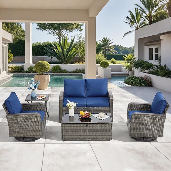 5 Pieces Outdoor Furniture Set with Swivel Chairs, Wicker Patio Furniture for Porch Deck Bistro Lawn Garden Backyard Poolside（Blue）