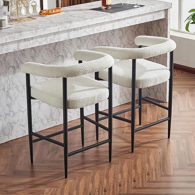 Modern Upholstered Bar Stools Set of 2, Boucle Fabric Counter Height Chairs with Metal e Armrests, Kitchen Island Bar Chairs for Home, Dining Room, Cafe,White