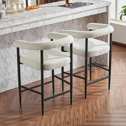 Modern Upholstered Bar Stools Set of 2, Boucle Fabric Counter Height Chairs with Metal e Armrests, Kitchen Island Bar Chairs for Home, Dining Room, Cafe,White