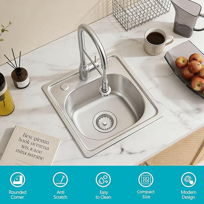 MILOSEN 15 x 15 inch Drop in Bar Sink, T304 Stainless Steel RV Kitchen Sinks, 8'' Deep Outdoor Single Bowl Wet Bar&Prep Small Topmount RV Sinks with Strainer, Brushed Nickel