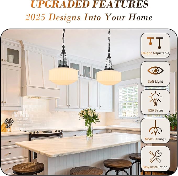 Schoolhouse Pendant Light, 14inch Milk Glass Pendant Light Vintage Black Chandelier Adjustable Height Mid Century Modern Pendant Lighting for Kitchen Island Dining Room Foyer Hallway