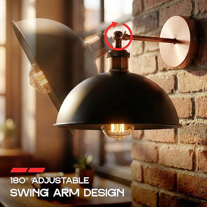 Dome Metal Wall Sconce, 180° Adjustable Industrial Wall Lamp for Bedside, Study, Kitchen, and Living Room Décor. (Black_)