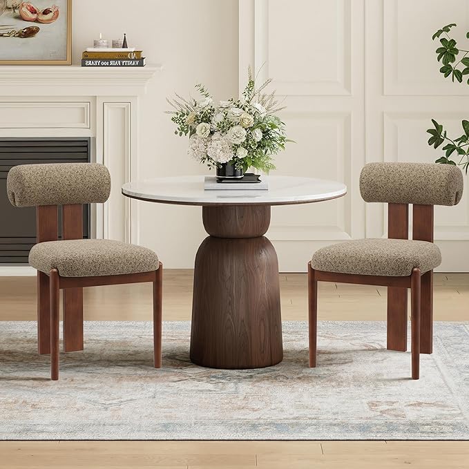 MALOL Modern Wooden Dining Chairs Set of 2, Upholstered Fabric Kitchen Chairs with Sculptural Backrest, Mid-Century Farmhouse Dining Room Chairs with Solid Wood Legs, Camel