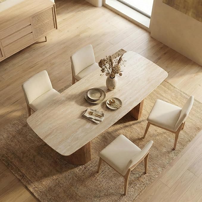 71'' Sintered Stone Dining Table for 6-8 People, Modern Rectangular Kitchen Table with Solid Wood Pedestal, Luxury Mid-Century Dining Room Table for Home Living Room