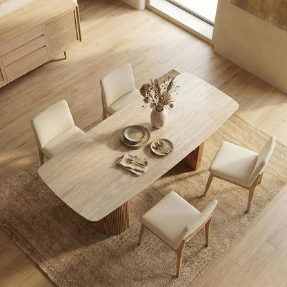 71'' Sintered Stone Dining Table for 6-8 People, Modern Rectangular Kitchen Table with Solid Wood Pedestal, Luxury Mid-Century Dining Room Table for Home Living Room