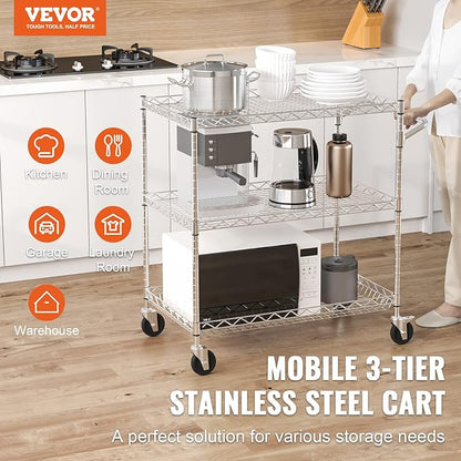 VEVOR Kitchen Utility Cart, 3 Tiers, Wire Rolling Table with 661 LBS Capacity, Steel Service Desk on Wheels, Metal Storage Trolley with 80 mm Deep Basket Curved Handle 6 Hooks