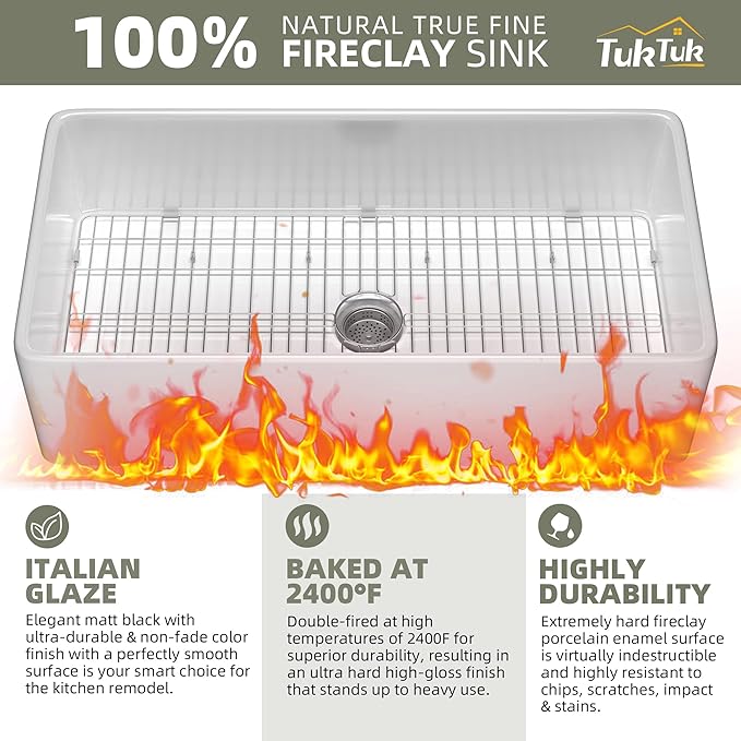 TUKTUK White Farmhouse Sink 36 x 20 Fireclay Apron Front Farm Sink Undermount Single Bowl Deep Big Capacity Extra Wider Reversible Modern with Luxury Accessory Kit