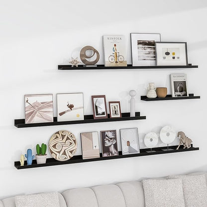 Picture Ledge Shelf for Wall, 24 inch Solid Pine Wood Nursery Book Shelves 2 Packs, Floating Ledge Shelves for Kids' Room Bedroom Bathroom Living Room Photo Frames Office Nursey Wall Decor, Black