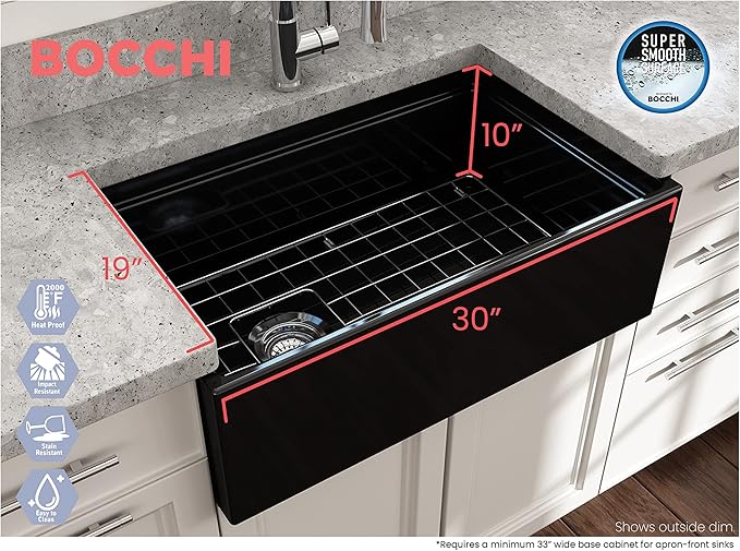 BOCCHI Contempo Workstation Apron Front Step Rim Fireclay 30 in. Single Bowl Kitchen Sink with Accessories in Black