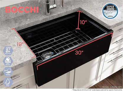 BOCCHI Contempo Workstation Apron Front Step Rim Fireclay 30 in. Single Bowl Kitchen Sink with Accessories in Black