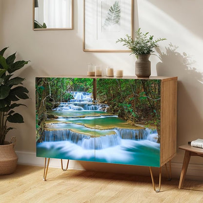 SIGNWIN Sideboard Buffet Cabinet, Kitchen Storage Cabinet with 2 Doors, Colorful Spring River Rapid Forest Tree, Cupboard Console Table for Dining Room - 35" L x 18" W x 29" H
