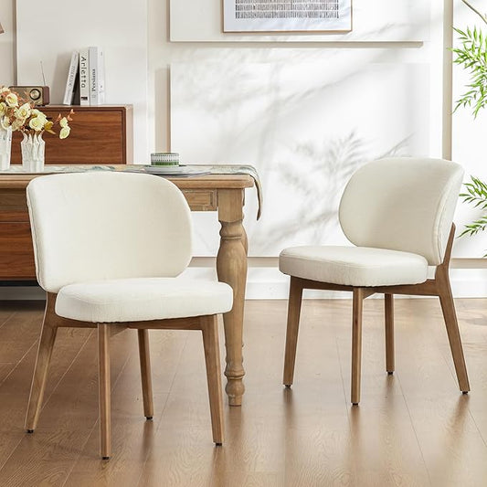 YOUNIKE Dining Chair with High Back Set of 2 Mid Century Modern Kitchen Chair Boucle Fabric Upholstered Armless Chair 20" Wide Padded Seat with Wooden Leg for Kitchen Dining Living Room Bedroom Beige
