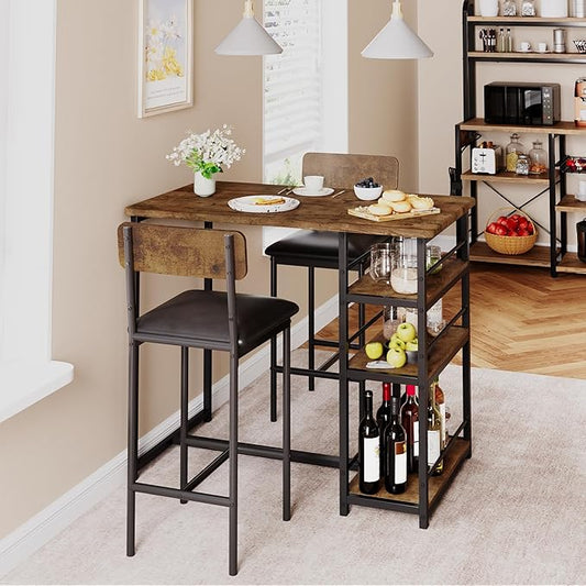 TrailBlaze Space-Saving 3-Piece Dining Table Set for 2 with 3 Storage Shelves, Upholstered Chairs - Ideal for Small Apartments, Breakfast Nook - Rustic Brown - Classic Color - 1+2 Set