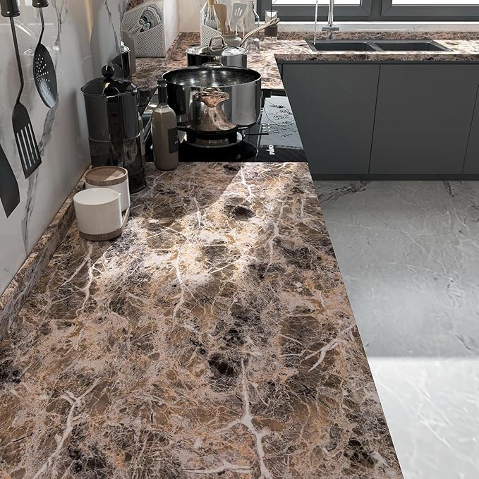 BAYYA Extra Wide Marble Granite Peel and Stick Wallpaper Brown Thicken Waterproof Self-Adhesive 31.5x354inch Dark Countertop Contact Paper for Kitchen Bathroom DIY Wall Stickers Marble Vinyl Wrap