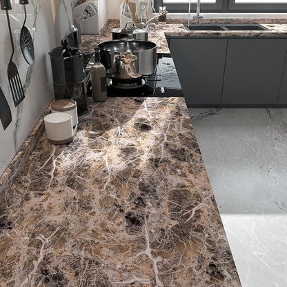 BAYYA Extra Wide Marble Granite Peel and Stick Wallpaper Brown Thicken Waterproof Self-Adhesive 31.5x354inch Dark Countertop Contact Paper for Kitchen Bathroom DIY Wall Stickers Marble Vinyl Wrap