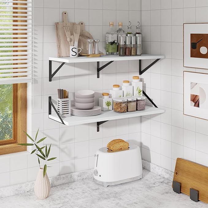 Acovy Floating Shelf for Wall,32" WX10 D Wood Floating Shelves with Sturdy Metal Bracket Set of 2,Wall Mounted Hanging Shelf for Bathroom,Bedroom,Kitchen,White