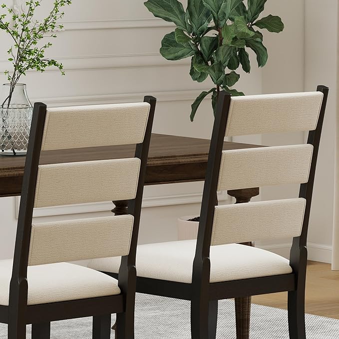 Upholstered Dining Chairs Set of 2, Rustic Chenille Ladder High Back Dining Room Kitchen Side Chairs with Non-Slip Foot Mats, Beige