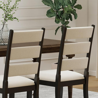 Upholstered Dining Chairs Set of 2, Rustic Chenille Ladder High Back Dining Room Kitchen Side Chairs with Non-Slip Foot Mats, Beige